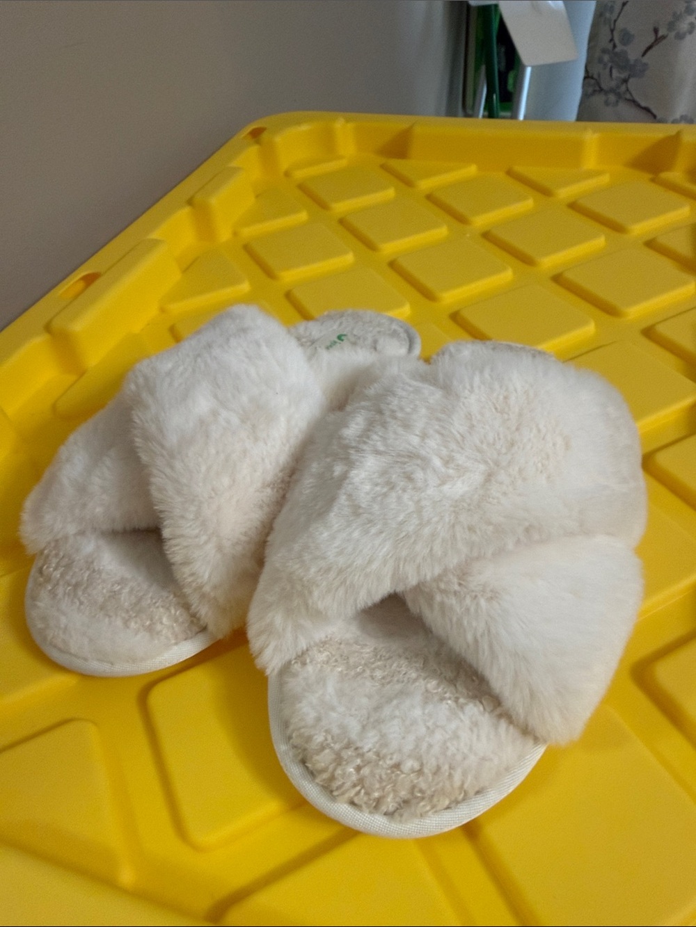 Honeydew USA Cream Plush Crisscross Faux Fur Slides